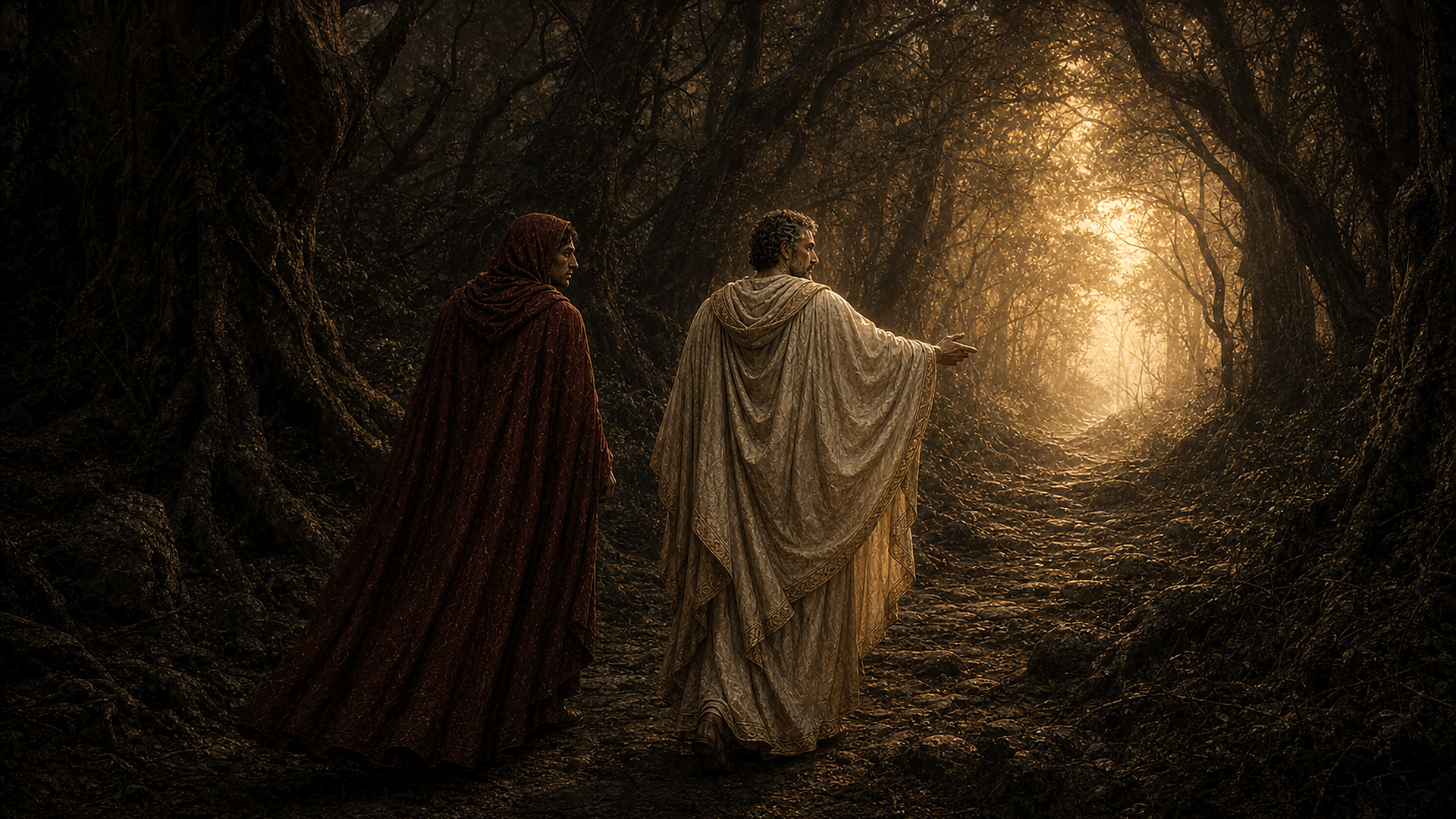 Virgilio guida Dante attraverso la selva indicando il cammino verso la luce.