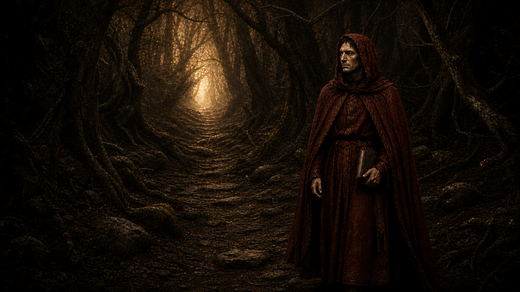 Dante nella selva oscura osserva il sentiero illuminato che conduce verso l’uscita.