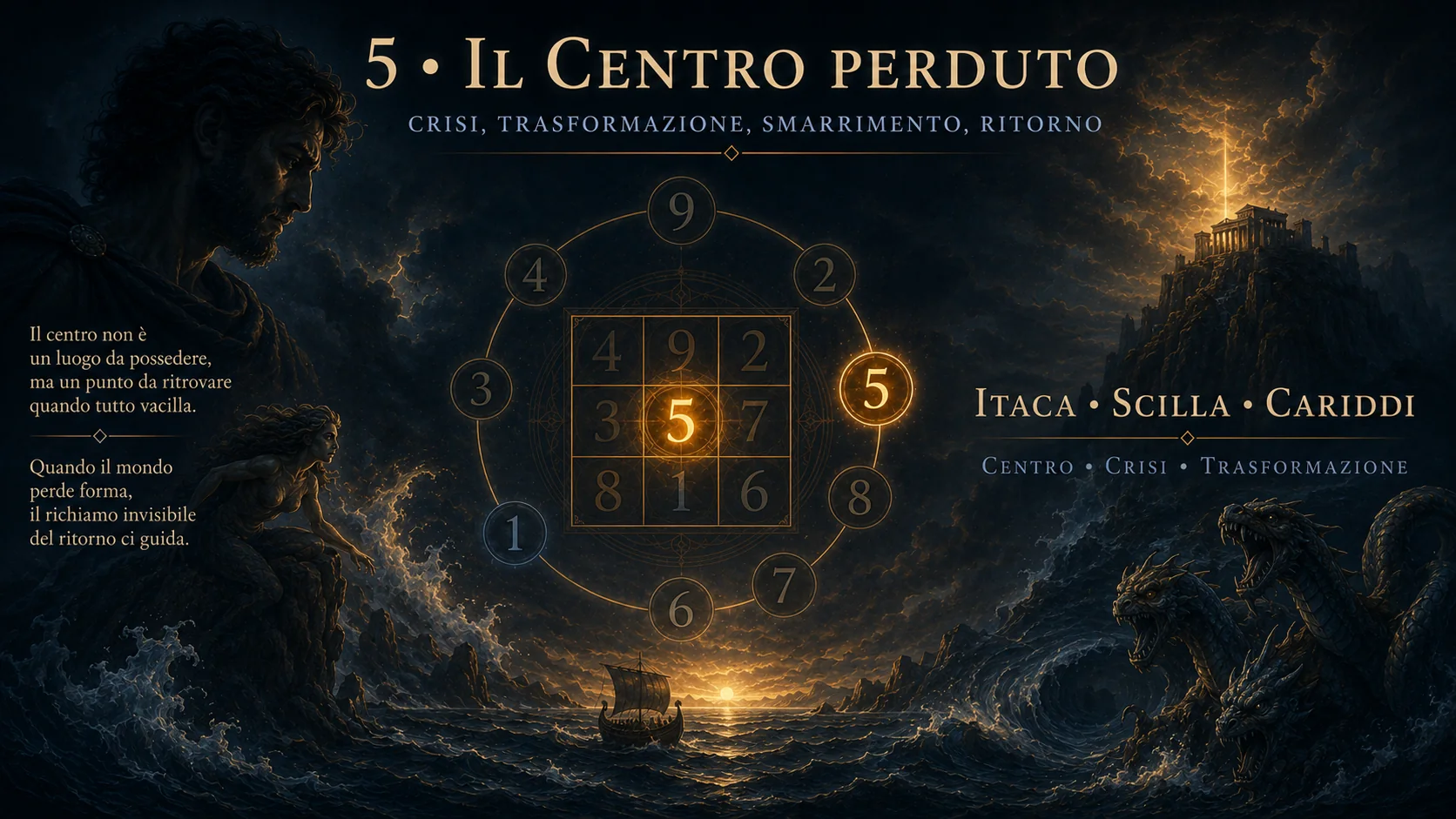 Itaca associata al numero 5, centro del viaggio di Ulisse