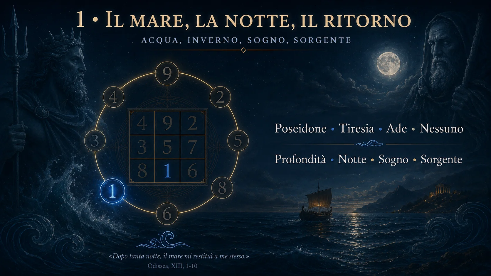 Poseidone, Tiresia e l’Ade associati al numero 1, acqua e profondità