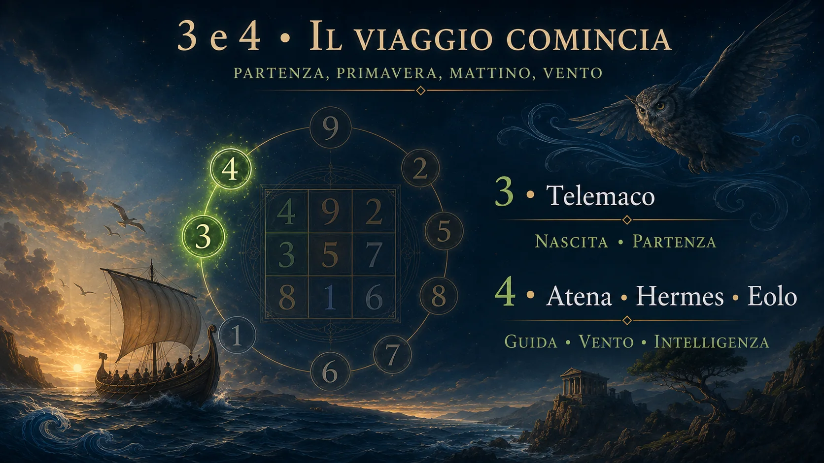 Telemaco associato al numero 3 e Atena, Hermes ed Eolo al numero 4